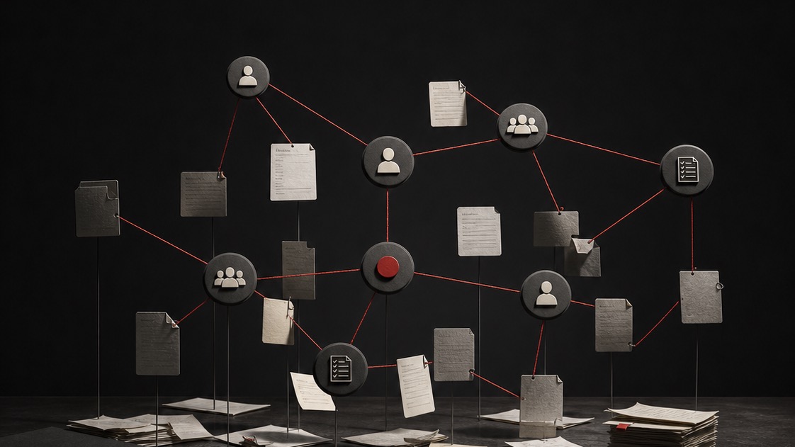 Loose paper notes lifted into a connected graph of people and documents.