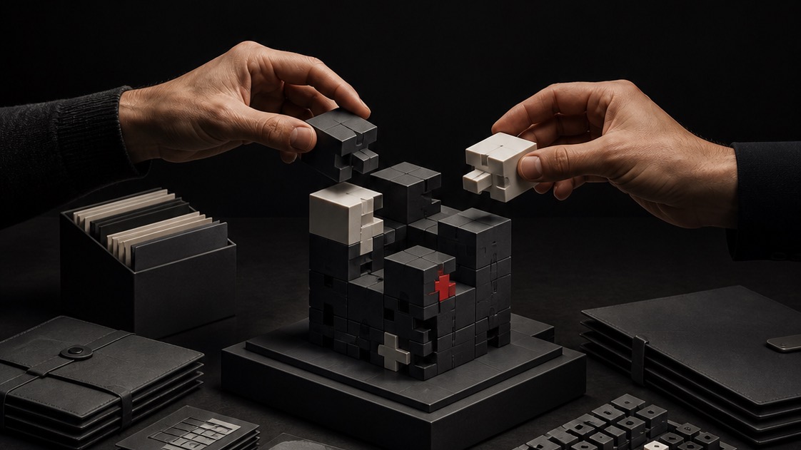 Two pairs of hands assembling a modular system together.