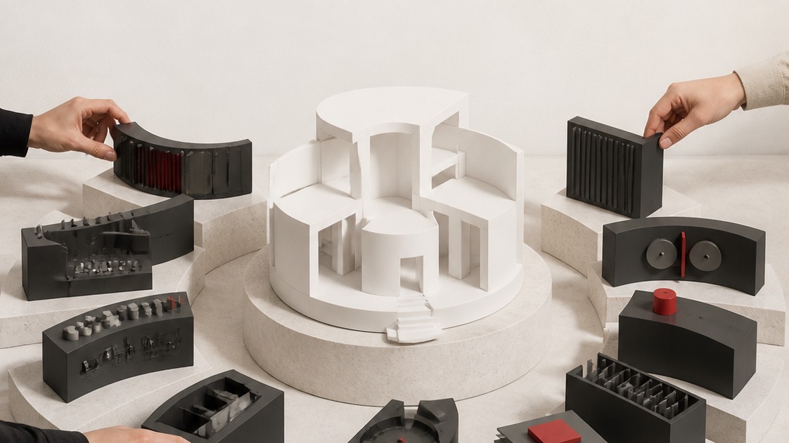 Adjustable modules being fitted around a stable architectural core.