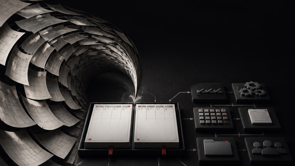 A long calendar tunnel collapsing towards a compact opening.