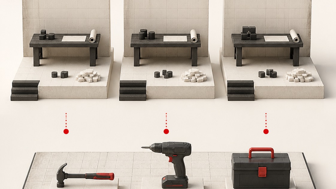 Three identical half-built workbenches, each starting again from the same pile of parts.