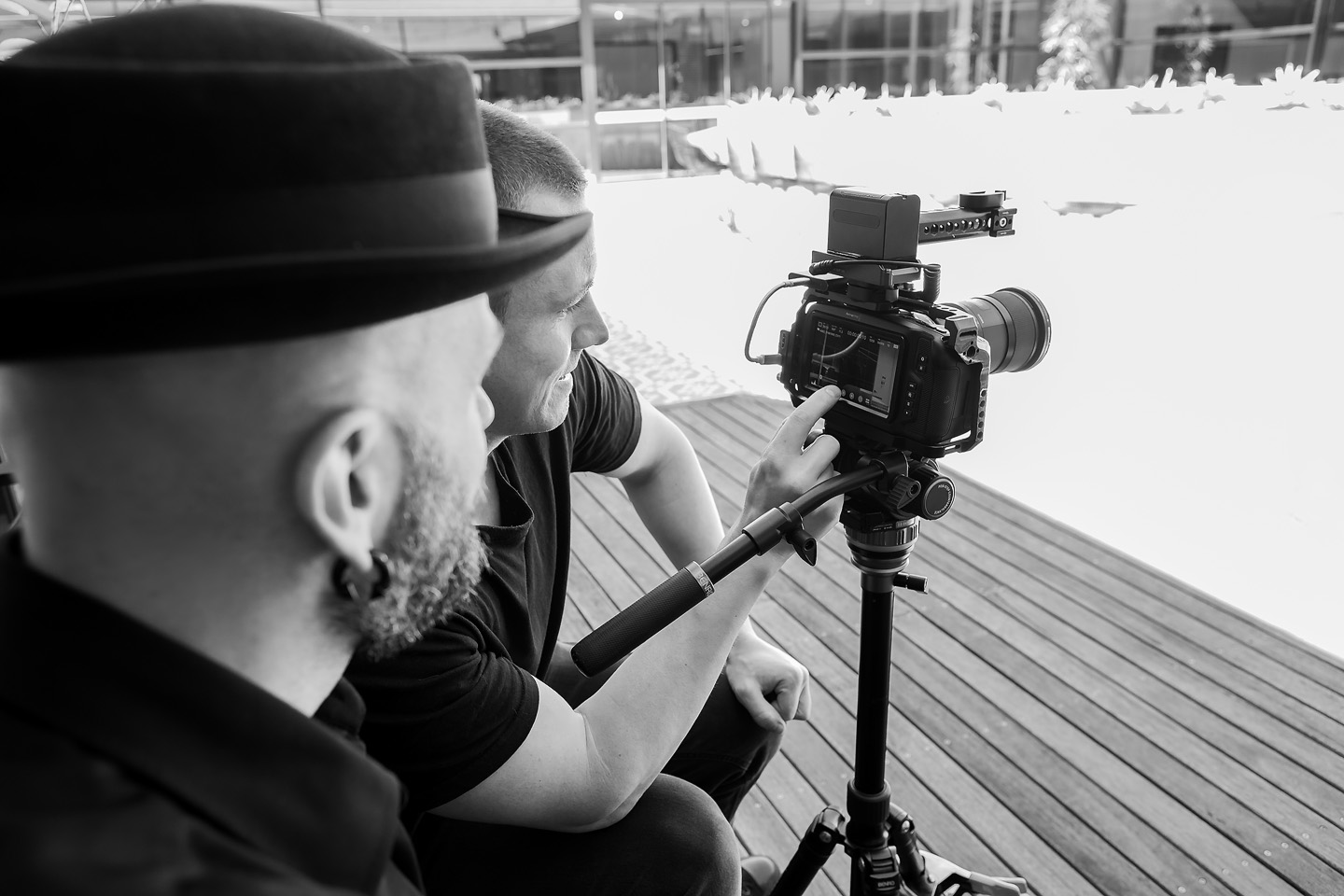 Camera operator and Arek reviewing a shot in monitor